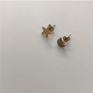 pair of brass stud earrings - crescent moon and star with butterfly backings